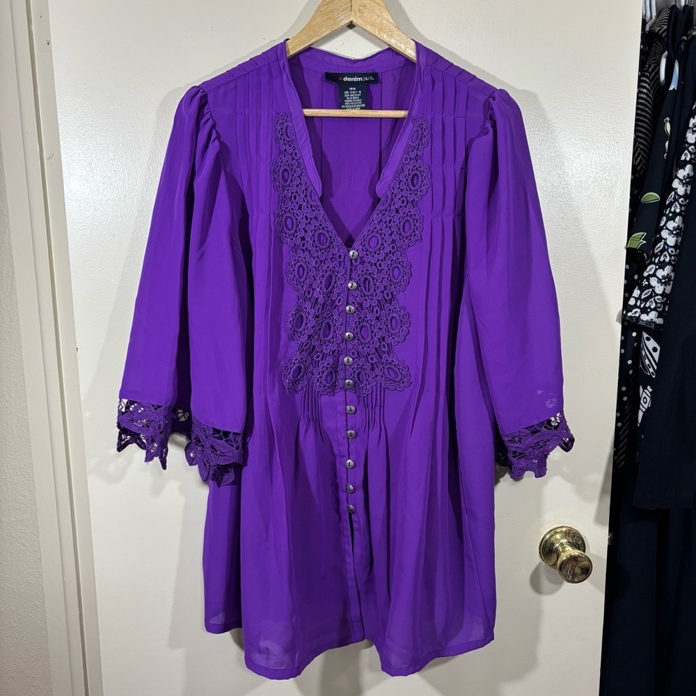Denim 24/7 Vibrant Purple Crochet Lace Blouse Size 18W